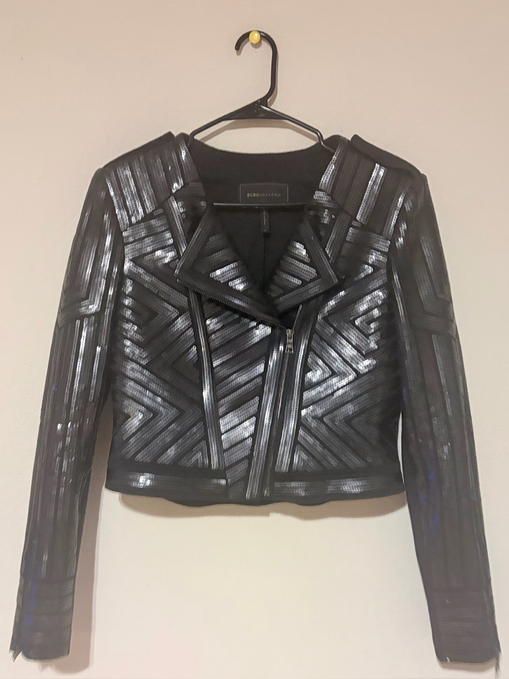 BCBGMaxAzria Black Cropped Geometric Sequin Moto Jacket